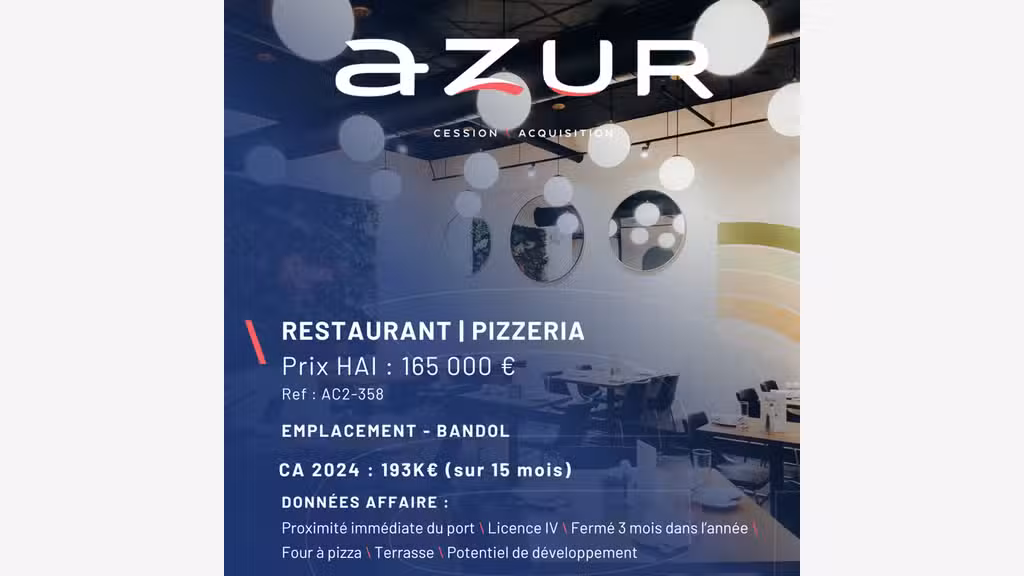 VENTE Restaurant Pizzeria Licence 4 à Bandol