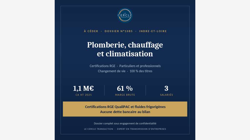 Plomberie chauffage clim 37 – 1,1 M€ CA