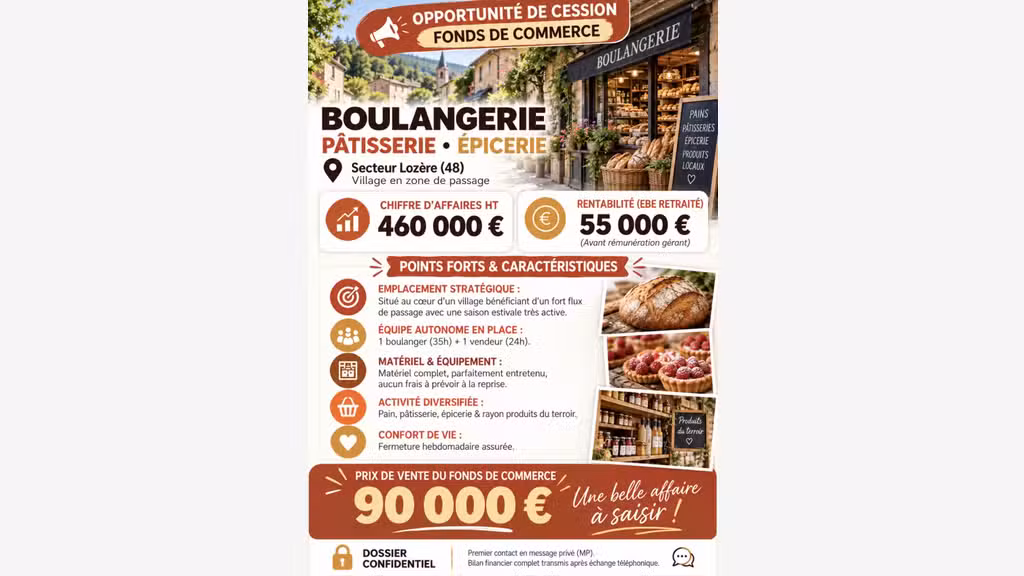 BOULANGERIE-PÂTISSERIE-ÉPICERIE RENTABLE CA 460K€