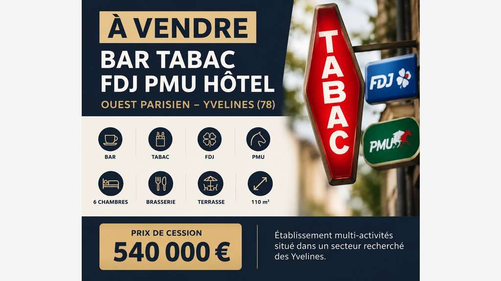 À VENDRE – BAR TABAC FDJ PMU HÔTEL – YVELINES (78)