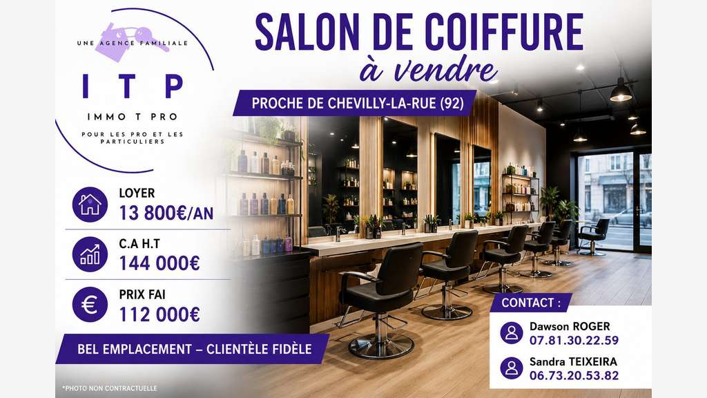 Vente magnifique salon de coiffure proche Chevilly