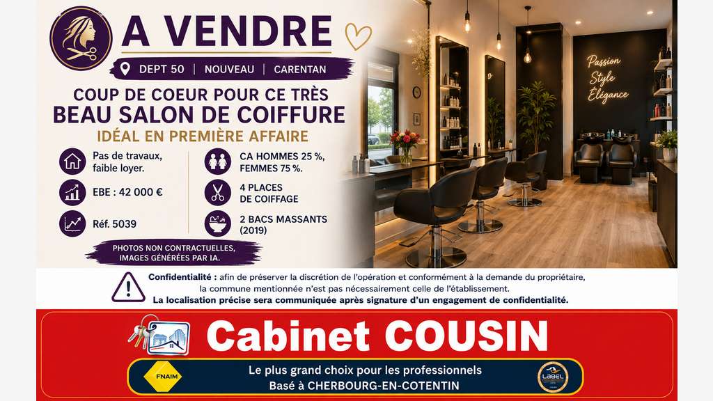 Vente très beau salon de coiffure mixte à Carentan