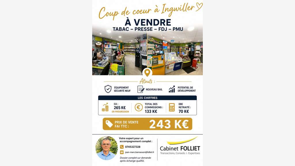 AV FDC tabac presse FDJ PMU 70m² Alsace Bossue
