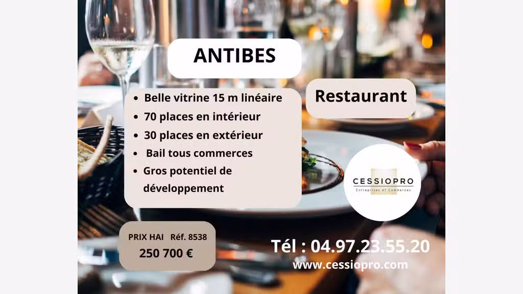 Vend grand restaurant exceptionnel 240m² à Antibes
