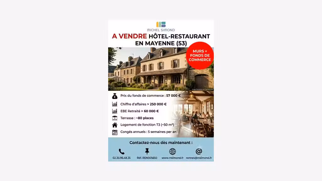 Vente murs et fonds hôtel restaurant en Mayenne