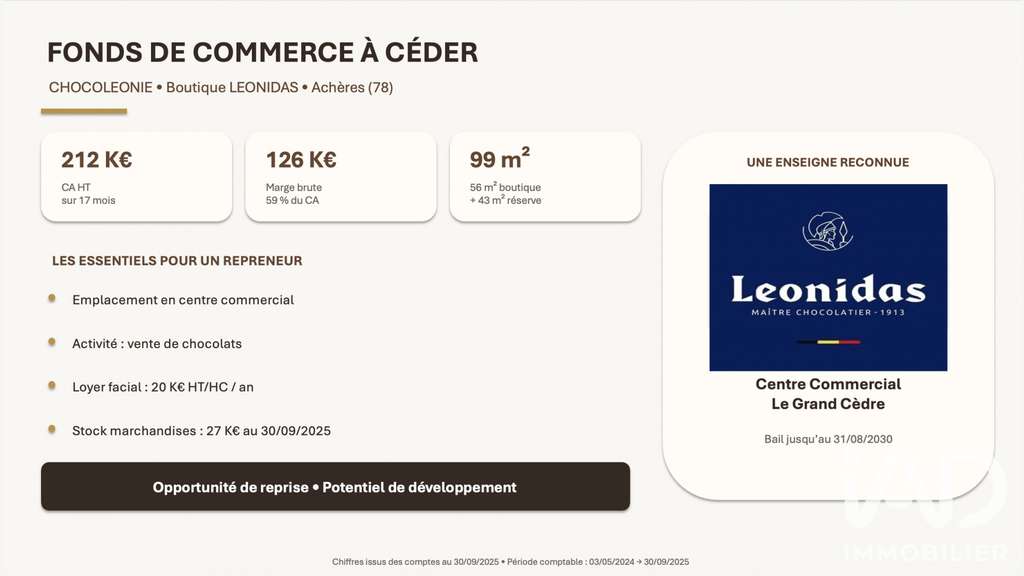 Vente chocolaterie en galerie marchande à Achères