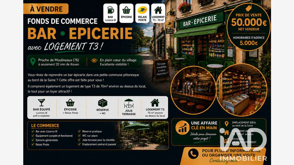 Vente bar-épicerie commune au bord de la Seine 76