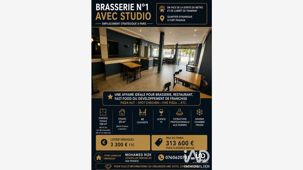 AV brasserie 120m² empl stratégique à Paris 75012