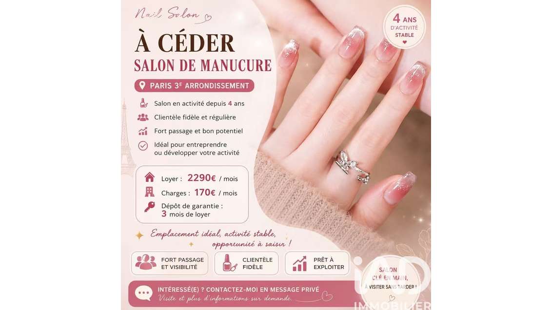 AV salon de manucure à Paris 75003 empl dynamique