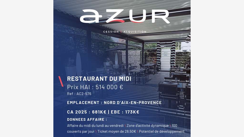 VENTE Restaurant du midi 680K€ de CA