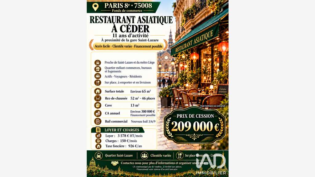 Vente restaurant asiatique à Paris 75008 St Lazare