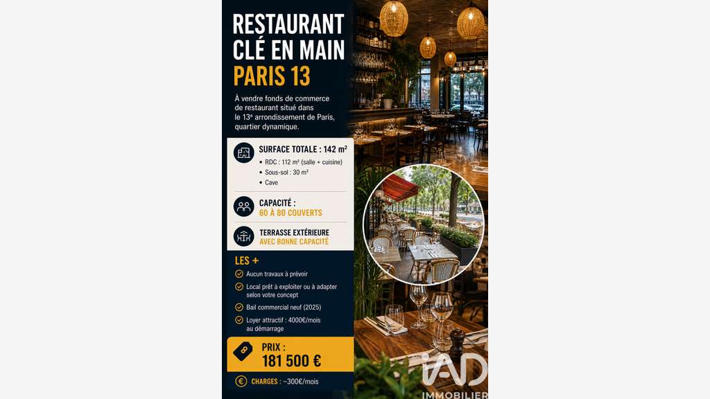 Vente restaurant clé en main à Paris 75013