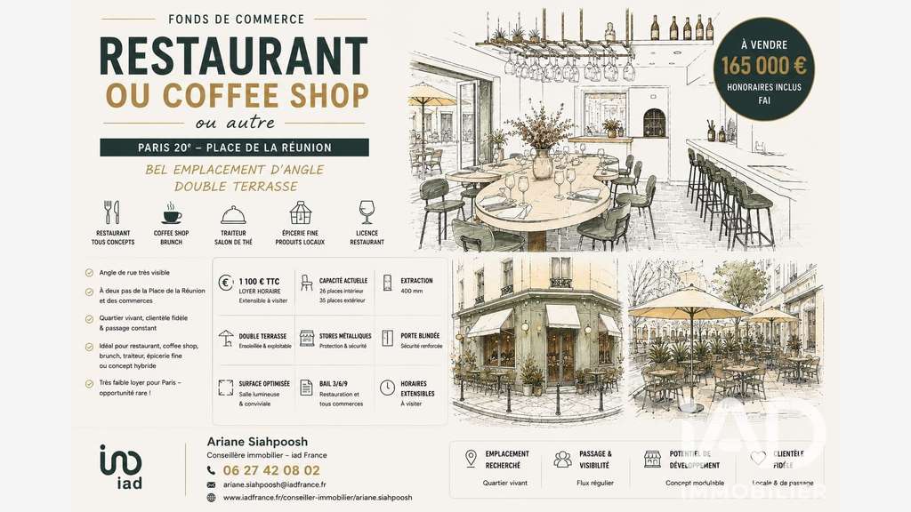 Vente restaurant à Paris 75020 Place de la Réunion