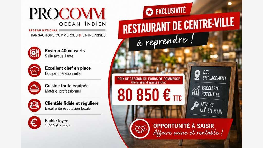 Vente restaurant 130m² à Saint Pierre centre ville