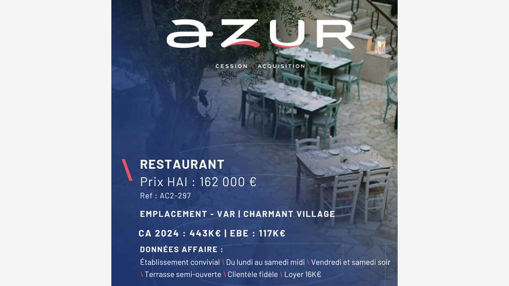 VENTE Restaurant convivial dans un village du Var