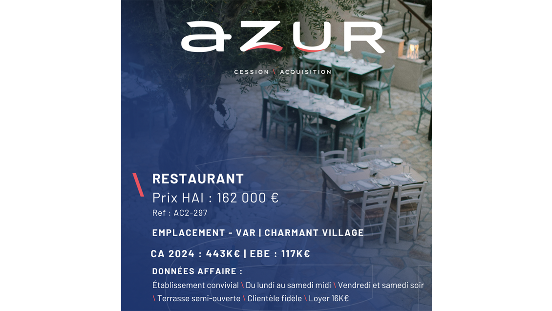 VENTE Restaurant convivial dans un village du Var