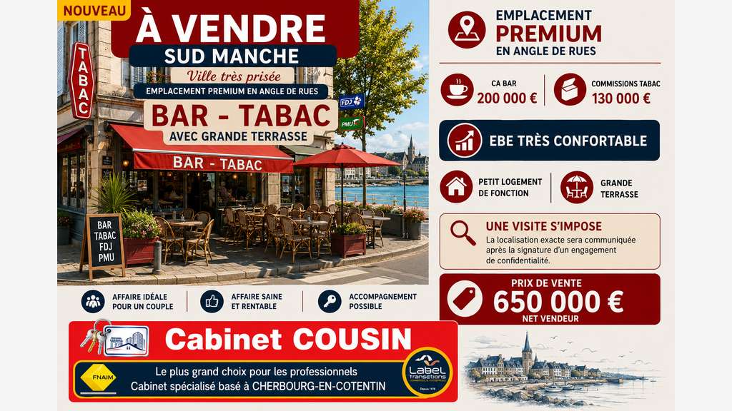 Vente bar tabac jeux ville très prisée Sud Manche