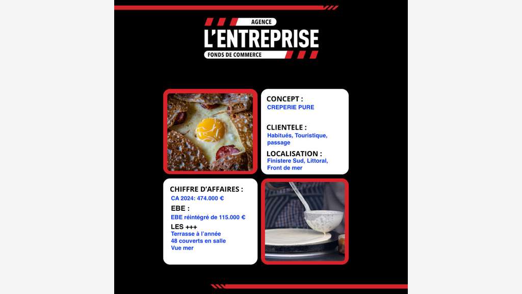 A vendre crêperie pure bord de mer proche Quimper