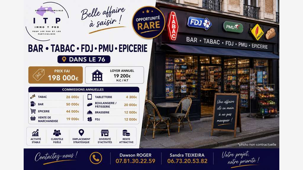 Vente beau bar tabac FDJ dans une belle ville 76