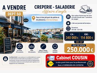Vente crêperie d'angle face joli port de la Manche