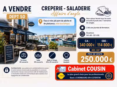 Vente crêperie d'angle face joli port de la Manche