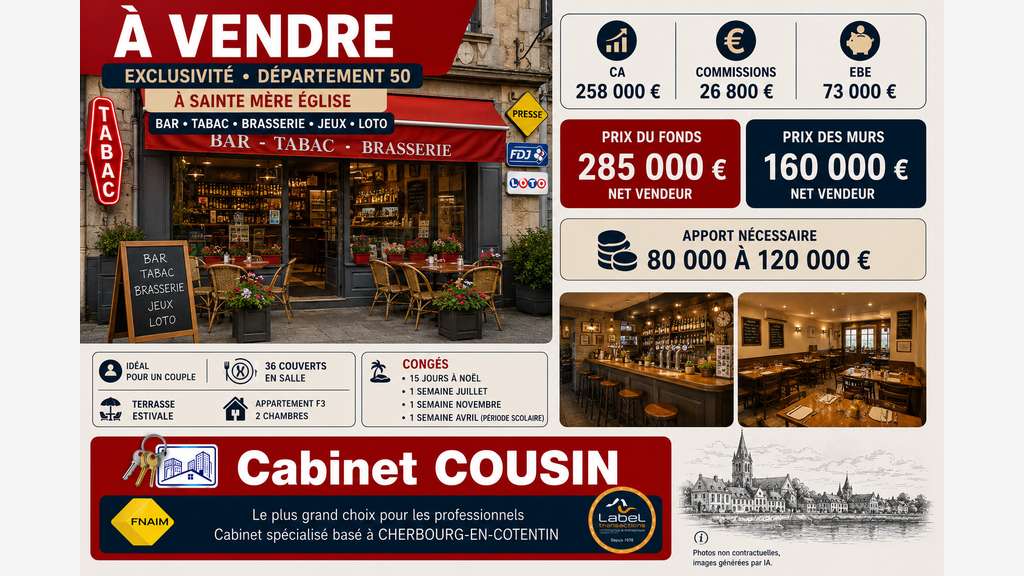 Vente bar tabac restaurant jeux Sainte Mère Eglise