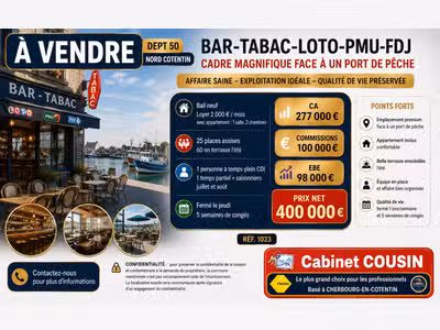 Vente bar Tabac Loto Presse PMU face port Valognes