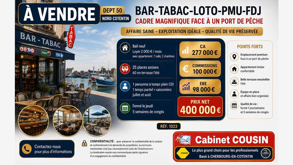 Vente bar Tabac Loto Presse PMU face port Valognes