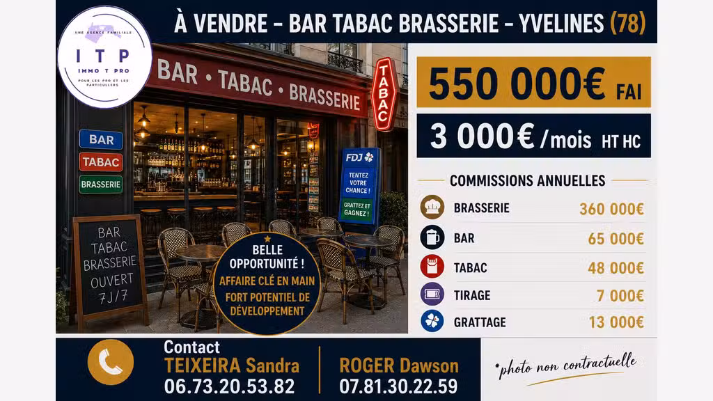 Vente bar tabac brasserie FDJ PMU dept Yvelines