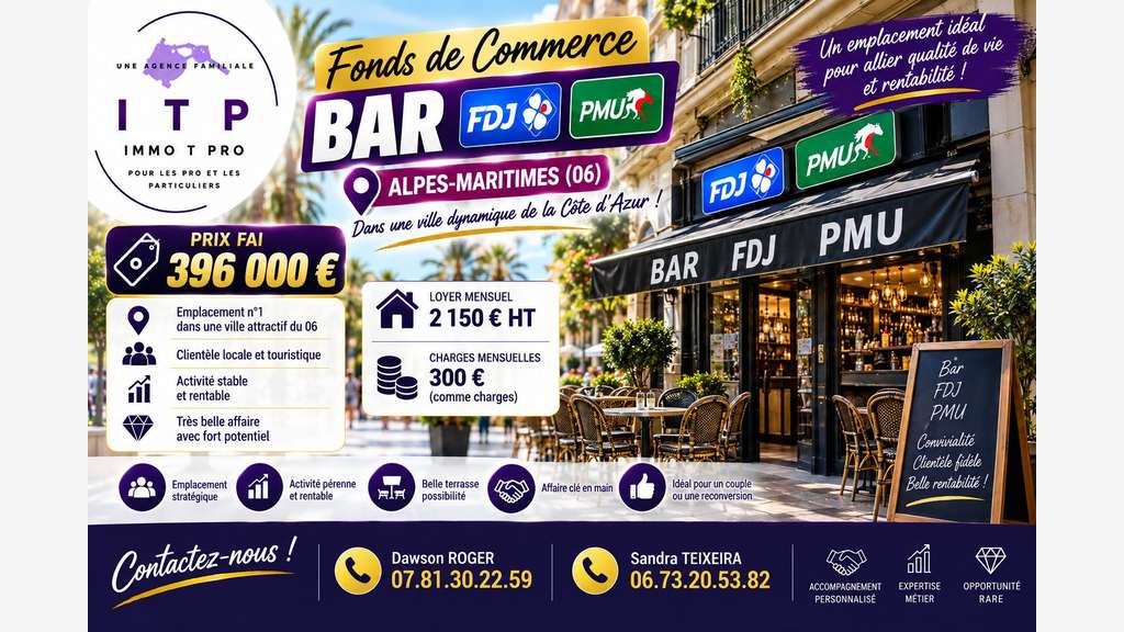 Vente beau bar PMU FDJ ville touristique 06