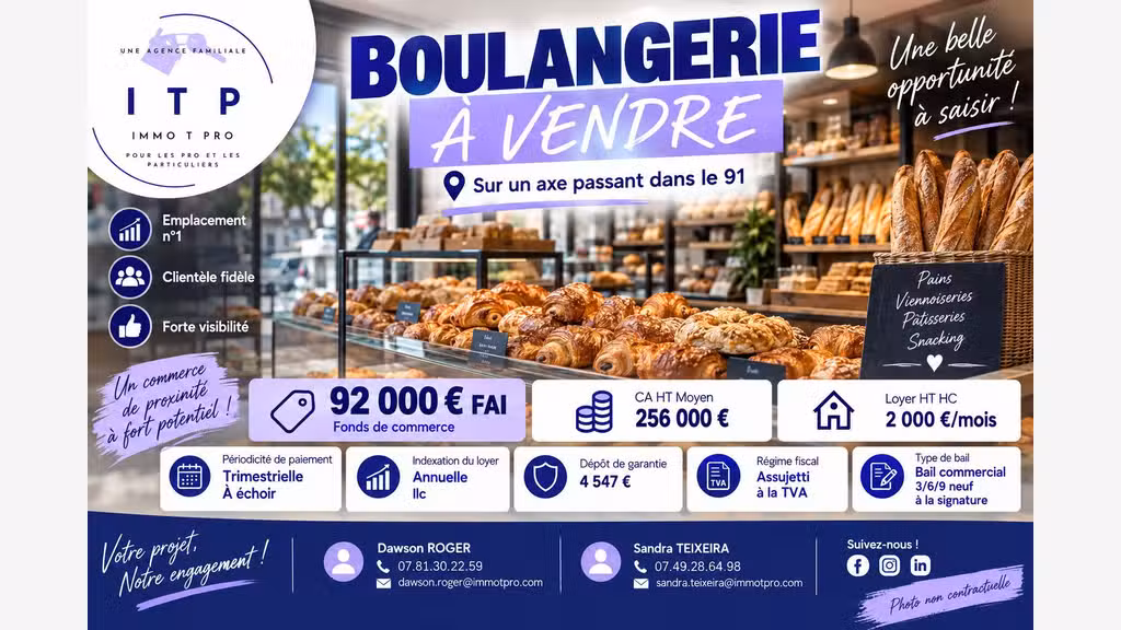 Vente boulangerie sandwicherie en ville Essonne