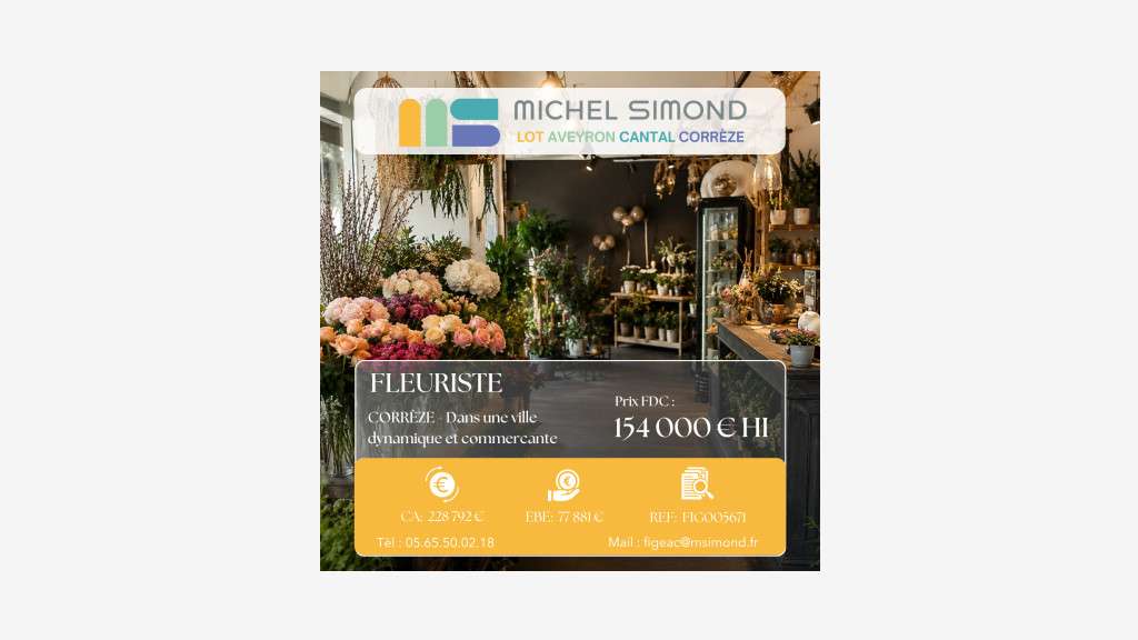 Vente fleuriste cœur de ville avec parking Corrèze