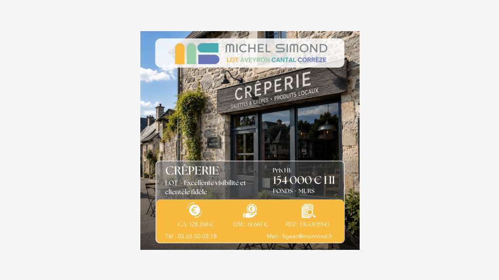 Cède crêperie de renom fonds murs logement Cantal