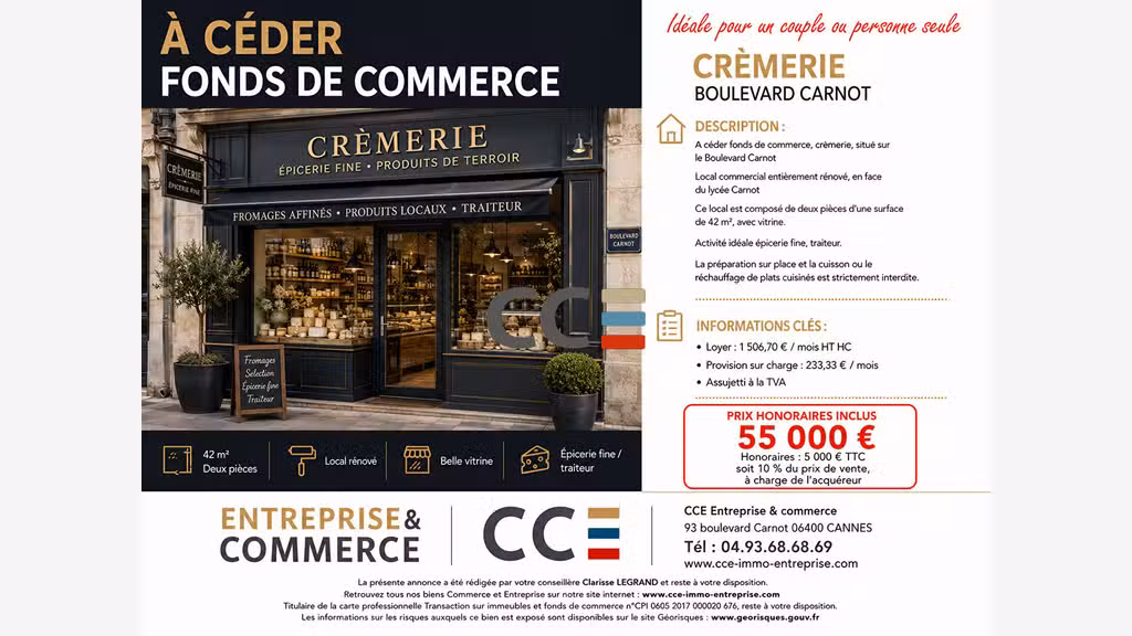 Vente FDC crèmerie rénové 42m² bvd Carnot à Cannes