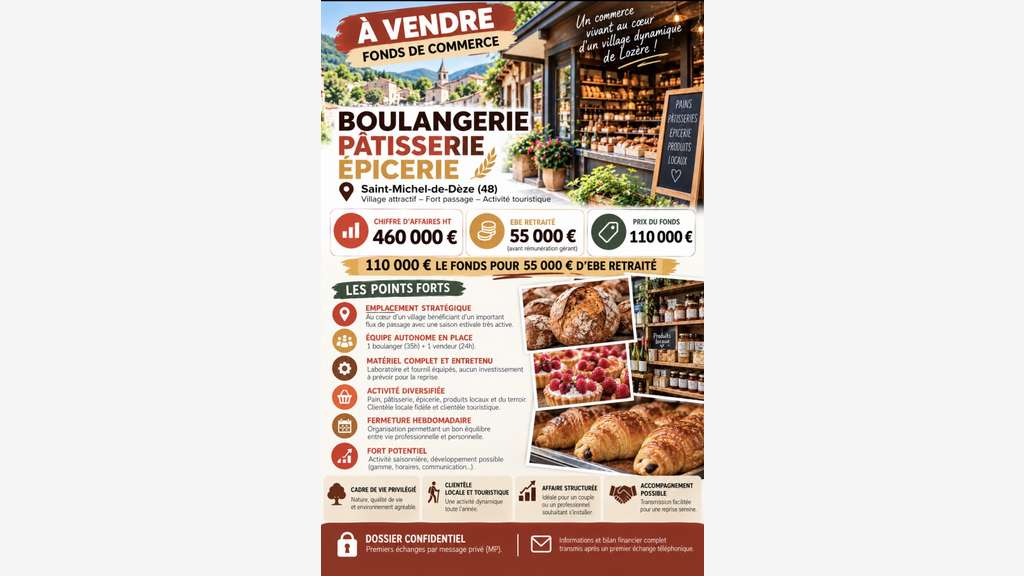 BOULANGERIE-PÂTISSERIE-ÉPICERIE RENTABLE CA 460K€