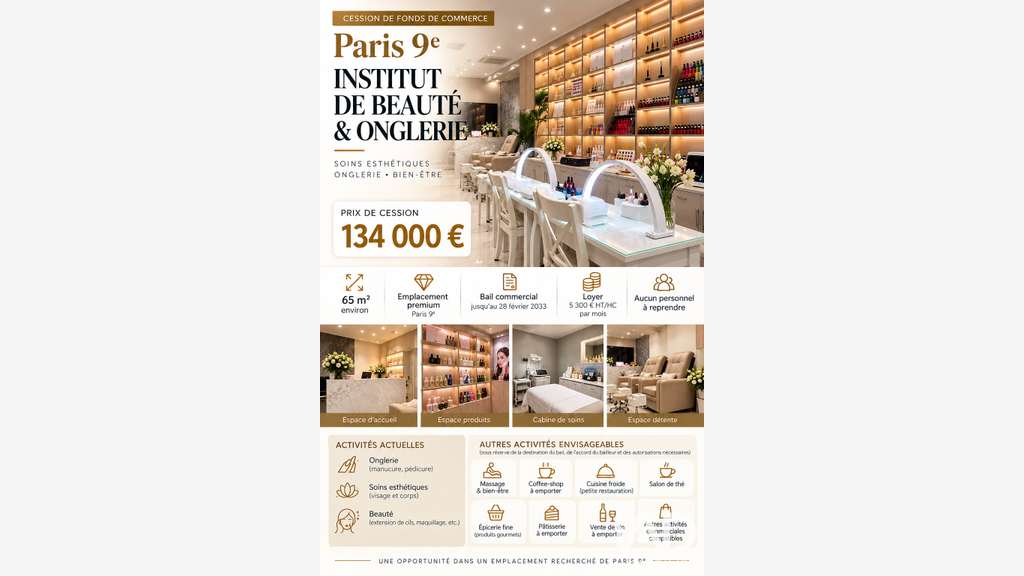 Vente institut de beauté bar à ongles à Paris 09