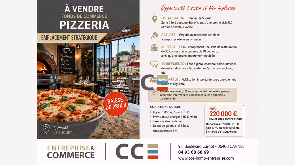 Vente fonds de commerce pizzeria à Cannes Suquet