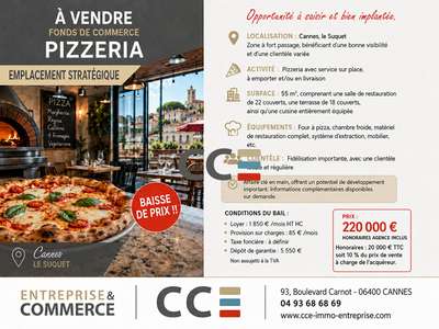 Vente fonds de commerce pizzeria à Cannes Suquet