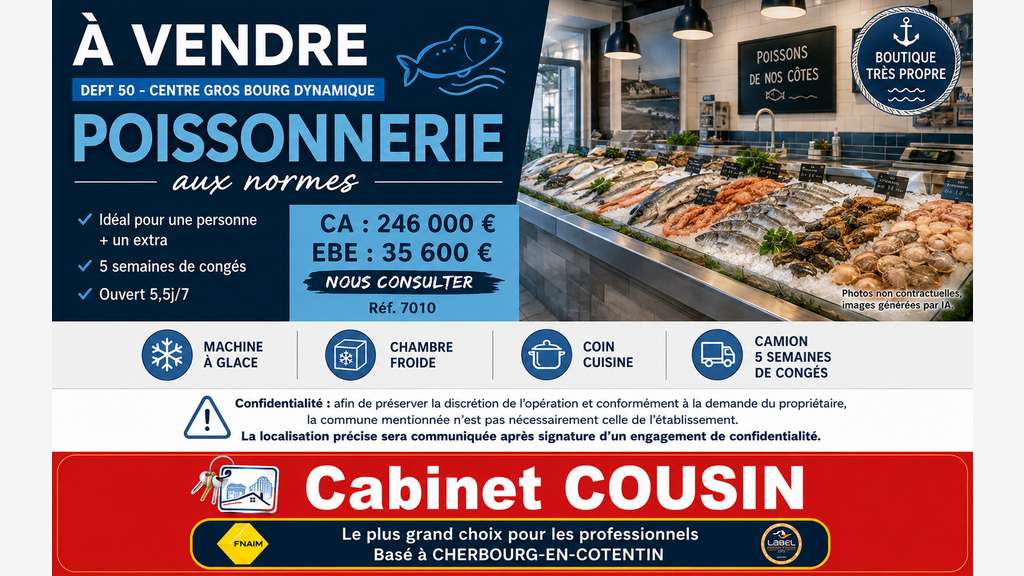 Vente poissonnerie gros bourg dynamique en Manche