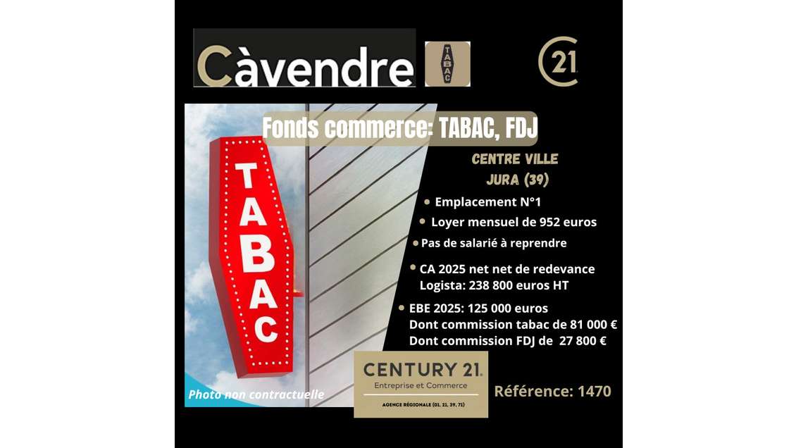 Vente FDC Tabac sec centre ville Jura 125 kE d'EBE