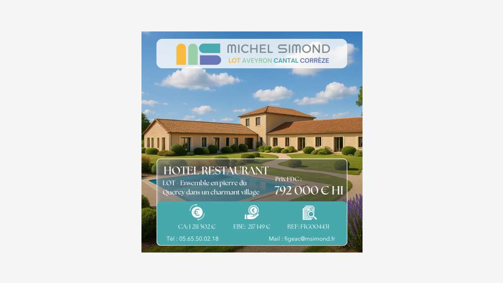 AV hôtel restaurant 3* CA 1,2M€  EBE 217 000€ Lot