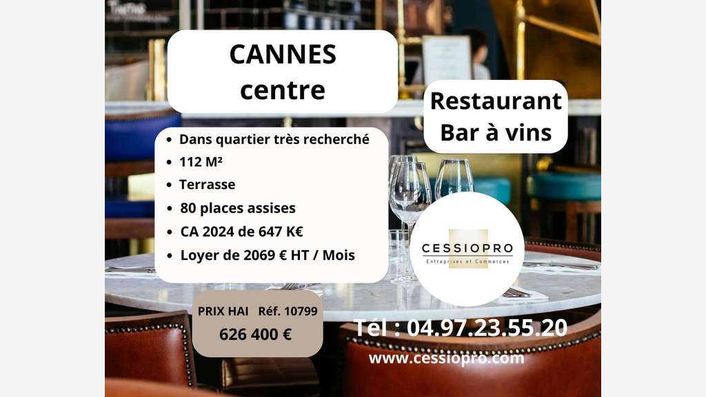 Vente restaurant bar à vins terrasse Cannes centre
