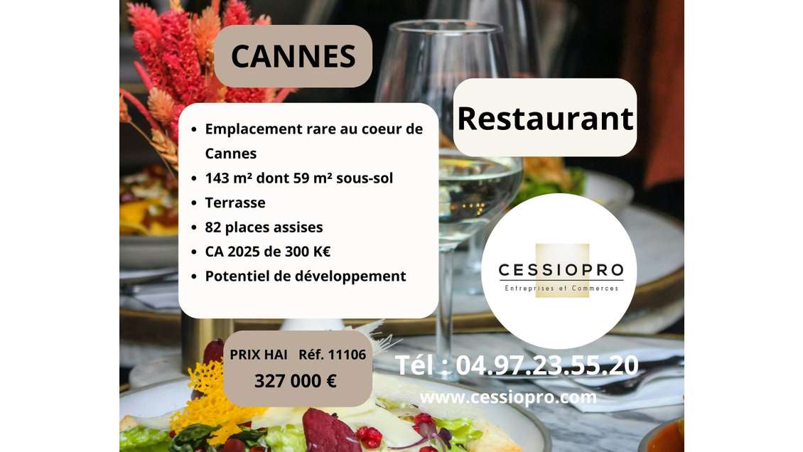 Vente restaurant avec terrasse ensoleillée Cannes