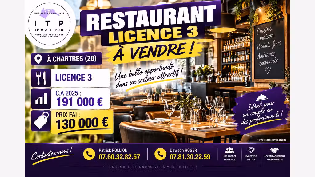 Cède restaurant licence 3 en centre ville Chartres