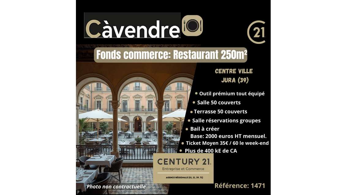 Vente restaurant terrasse en centre ville du Jura