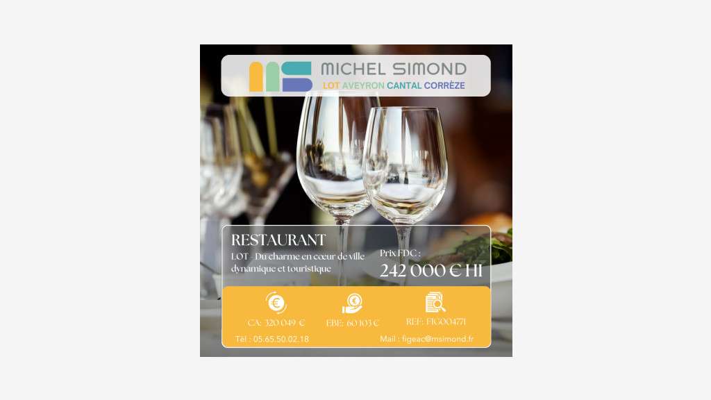 Vente restaurant de charme ville touristique Lot