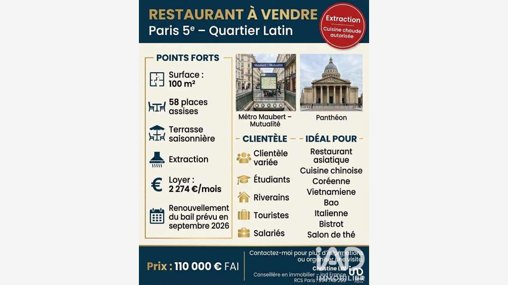 Vente restaurant avec extraction à Paris 75005