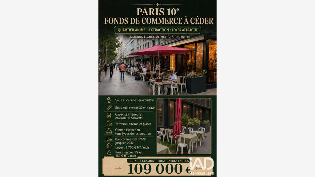 Vente restaurant avec extraction et terrasse 75010
