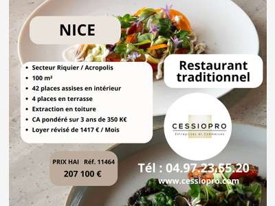 Restaurant traditionnel 350 K€ CA pondéré Nice 