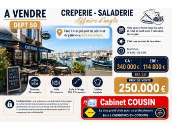 Vente crêperie d'angle face joli port de la Manche